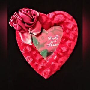 New Red Heart Shaped Velvet Photo Frame with Fabric Roses,6" x6", Attached Stand
